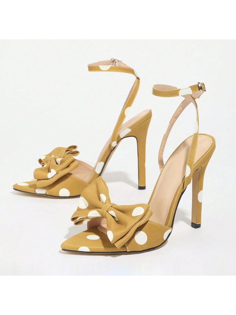 Women's Yellow Polka Dot Bow Stiletto Open Toe Adjust Ankle Strap Sexy High Heel